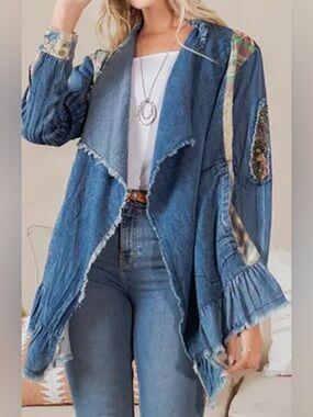 Young threads Boho Patchwork Denim-Blue Open Cardigan